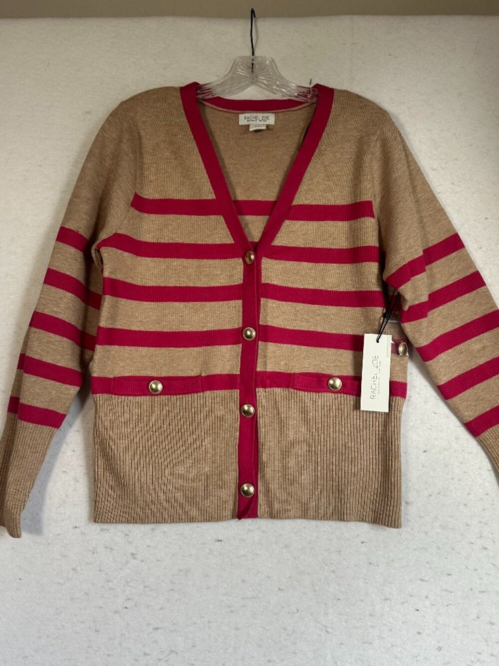 Rachel Zoe Women M Knit Sweater Cardigan top Pink Tan Stripe Gold Buttons New